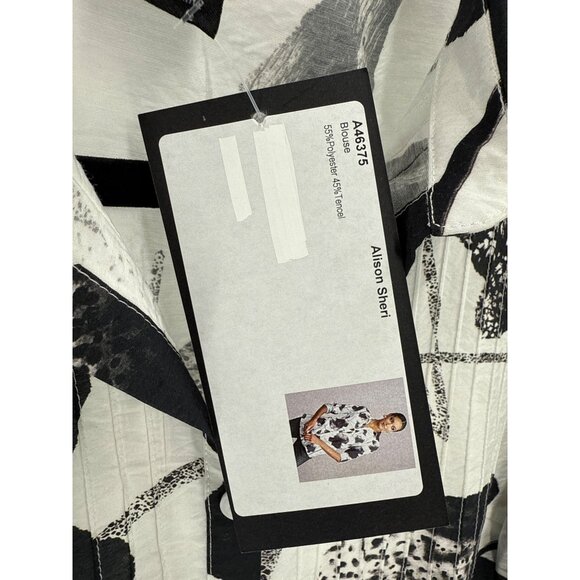 Alison Sheri Long Sleeve Button-Up Blouse S/P Black & White Abstract Print Polye - Picture 7 of 10